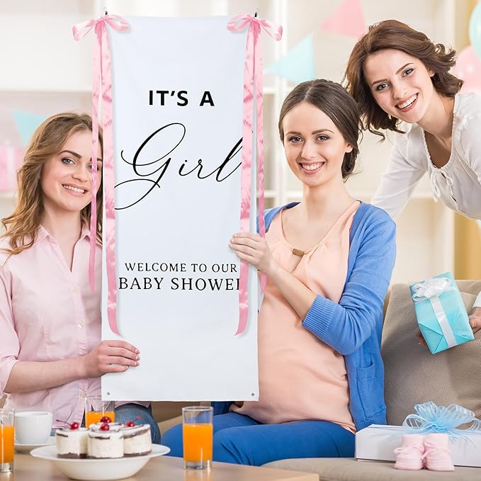 Oudain 24x60 Inch It's a Girl Burlap Banner, Baby Shower Fabric Backdrop with Pink Ribbons and Hooks, Rustic Boho Photo Props Sign for Gender Reveal Party Wall Hanging Indoor Outdoor Decoration