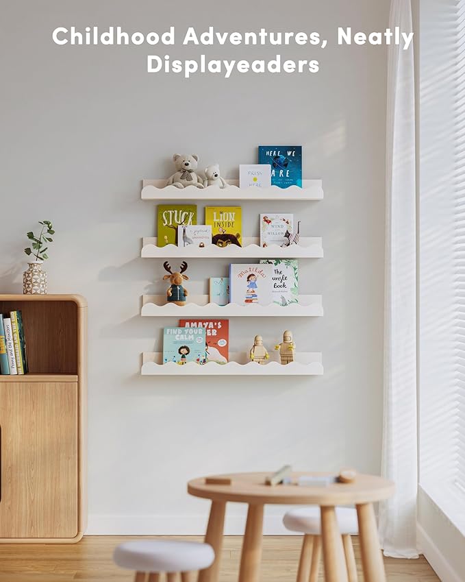 Kids' Bookshelf Set of 4 - White Floating Nursery Book Shelves, Picture Ledge Shelf for Wall Decor and Storage - Perfect for Books, Toys, Photo Frames, and Nursery Décor