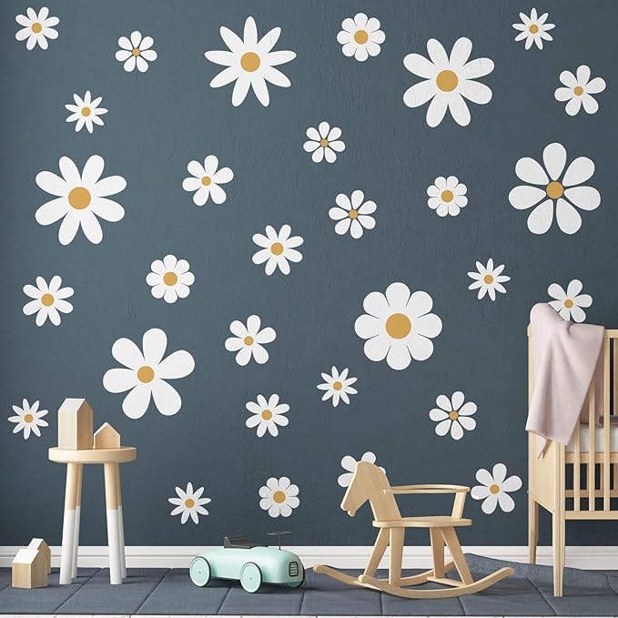 TaoBary 12 Sheet Daisy Wall Sticker Decal Removable Cute Daisy Bedroom Room Decor Flower Wall Sticker Pink White Flower Decal Wallpaper Peel and Stick for Nursery Home(White, Yellow,Classic Style)
