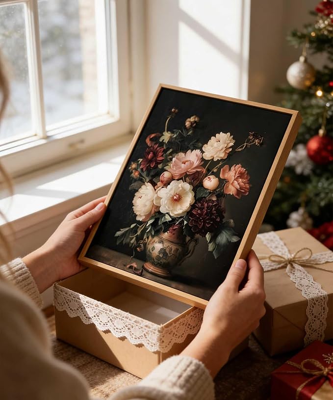 Framed Vintage Dark Floral Wall Art Moody Flower Picture Wall Decor Retro Antique Still Life Painting Print Artwork for Bedroom Bathroom Home Decoration 12x16in