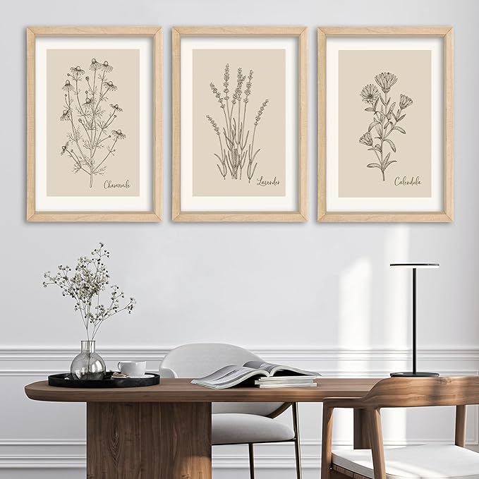 YWJKWLGS Framed Vintage Botanical Wall Art Set of 3, Natural Wood Frame Wildflower Prints, Minimalist Rustic Farmhouse Decor, 11x16 inch Art for Living Room Bedroom Office