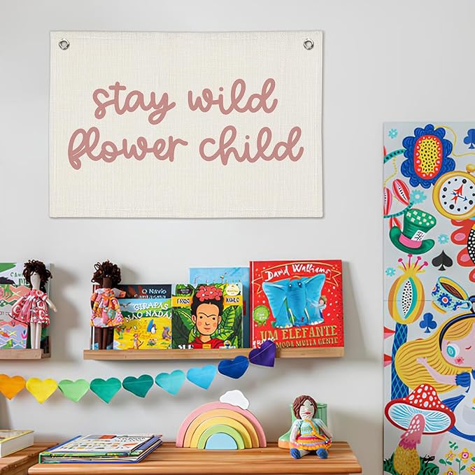 Girls Room Nursery Decor, Stay Wild Flower Child Linen Canvas Banner Wall Hanging Flag Decor for Little Toddler Baby Girls Room Playroom, Baby Shower Girl Decorations