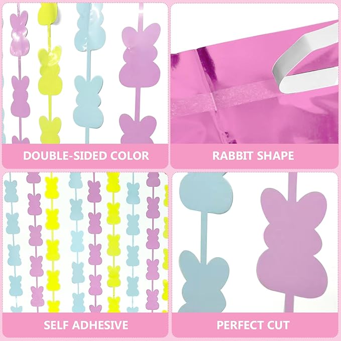 Easter Decorations Foil Fringe Curtains: 2 Pack 3.3 X 6.6 ft Pink Yellow Blue Bunny Rabbit Tinsel Backdrop Photo Booth Prop Streamers for Wedding Anniversary Birthday Easter Party Decor