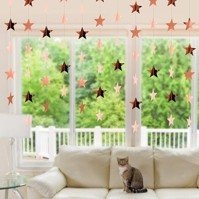 Patelai Glitter Star Garland Banner 2026 Graduation Decor 130 Feet Star Hanging Banner Twinkle Backdrop for Party Birthday Classroom Wedding Supplies(Rose Gold)
