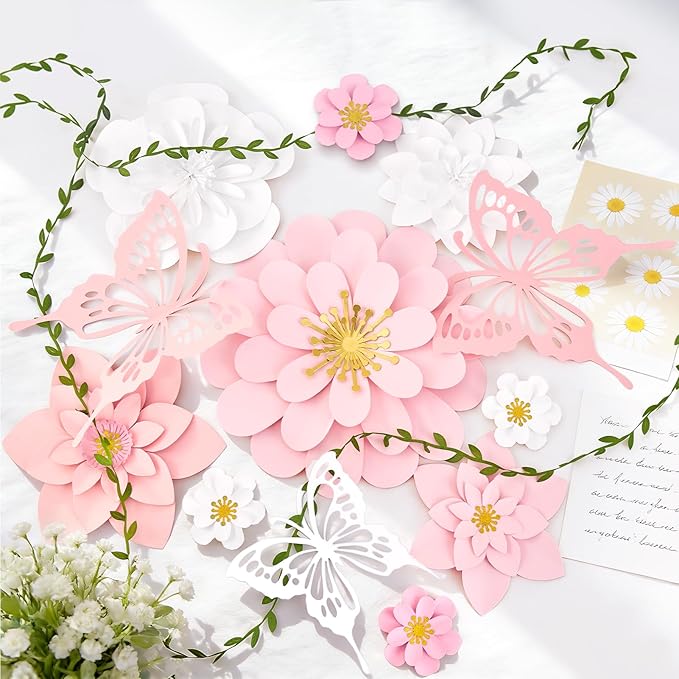 Paper Flower Decoration for Wall 3D Paper Butterfly Flower Bulletin Board Decor Pink White Artificial Flower Backdrop Wall Decor Green Leaves Vine for Classroom Office Spring Garden Tea Women Birthday