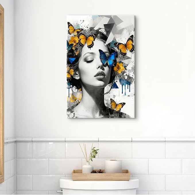 Women Portrait Wall Art Blue Yellow Butterfly Paintings Picture Abstract Black and White Women Wall Decor Aesthetic Minimalist Canvas Prints Artwork for Bedroom Bathroom Spa Home Decorations 16x24"