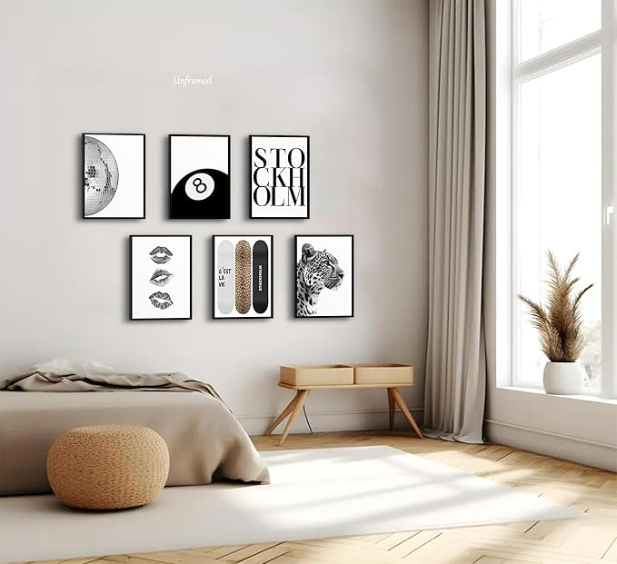 Fashion Trendy Leopard Wall Art Set of 6 Stockholm Preppy Room Painting Picture Wall Decor Black White Aesthetic Cheetah Poster Print Artwork for Girls Bedroom Dorm Apartment Home Decoration Unframed