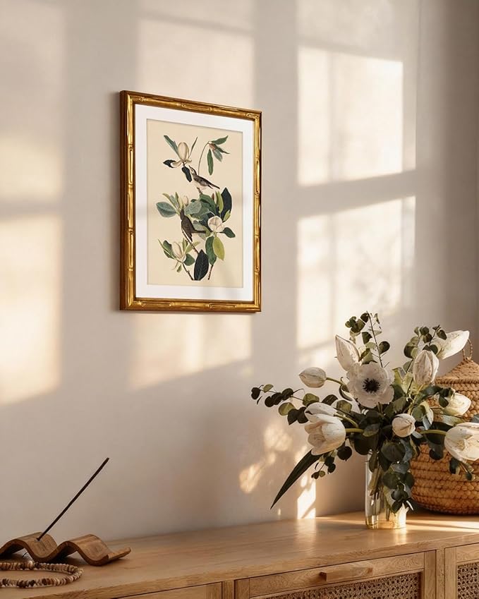InSimSea Gold Bamboo Framed Canvas Wall Art, Neutral Bird Botanical Paintings, Antique Vintage Picture Frame with Mat, Victorian Home Wall Decor for Living Room Bedroom, 11x14inch