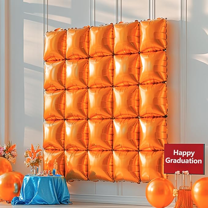 NISOCY Thanksgiving Fall Balloons 25PCS Orange Square Foil Balloons Wall Backdrop Double Sided Orange Balloon Tunnel Arch Kit for Birthday Graduation Wedding Halloween Baby Shower Party Decorations