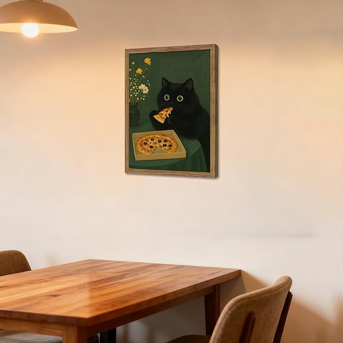 Framed Black Cat Wall Art, Cute The Cat Eating Pizza Canvas, Funny Kitchen Pictures Decor, Playful Food Lover Prints Artwork, Whimsical Animal Wall Decor for Kitchen Dining Room – 12x16 inch