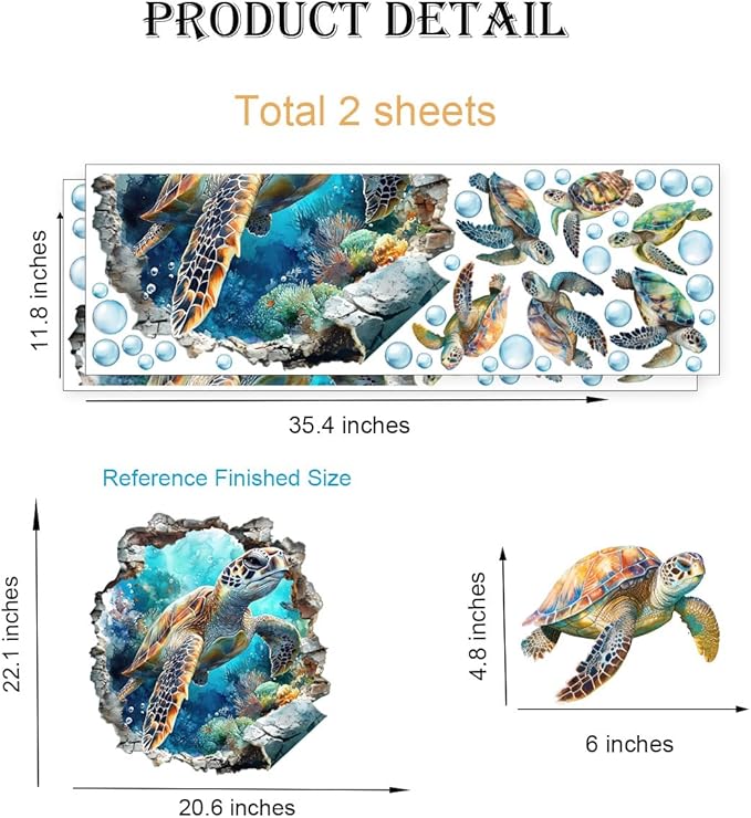3D Large Sea Turtle Wall Decals(20.6”x22.1”), Watercolor Sea World Vinyl Wall Stickers, Removable Cartoon Under The Sea Animal Artwork for Baby Bedroom Playroom Bathroom Decor