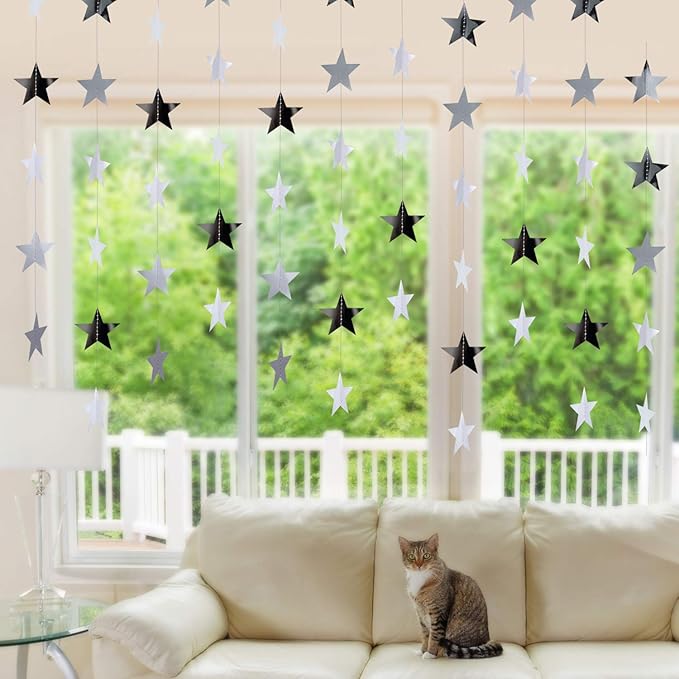 Patelai Glitter Star Garland Banner 2026 Graduation Decor 130 Feet Star Hanging Banner Twinkle Backdrop for Party Birthday Classroom Wedding Supplies(Silver)