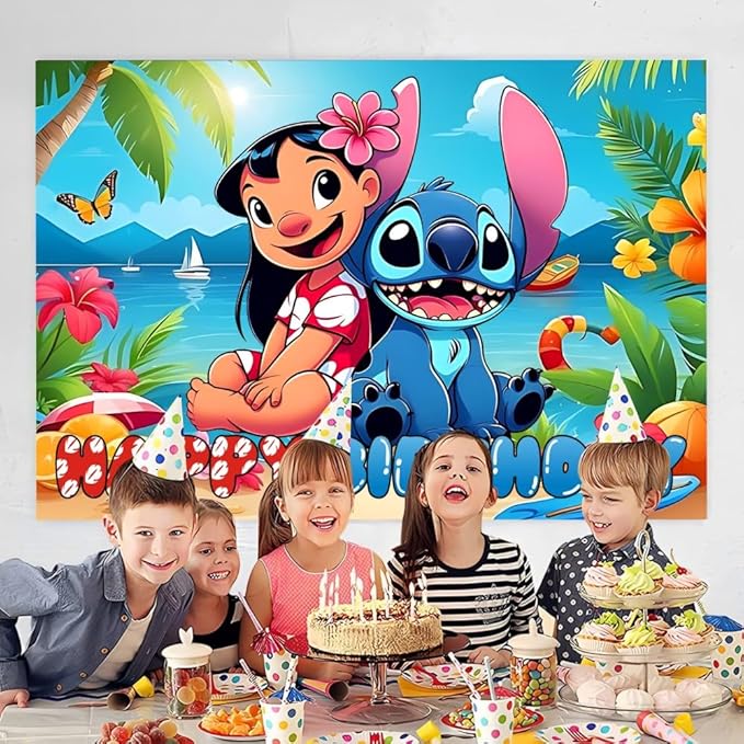 Wall Decor Backdrop for Stitch Birthday Decorations, Cute Banner for Stitch Party Supplies (5x3ft)