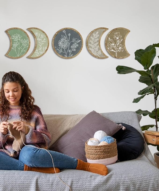 Putuo Decor Moon Phase Botanical Wall Art Set of 5, Crescent Wood Floral Panels for Bedroom Nursery Meditation Room