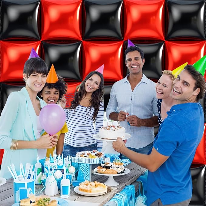 36pcs Red and Black Square Foil Balloons Wall Backdrop with 147pcs Balloon Garland Arch Kit, Double Sided Balloons for Birthday Prom Anniversary New Year Graduation BBQ Casino Party Decorations