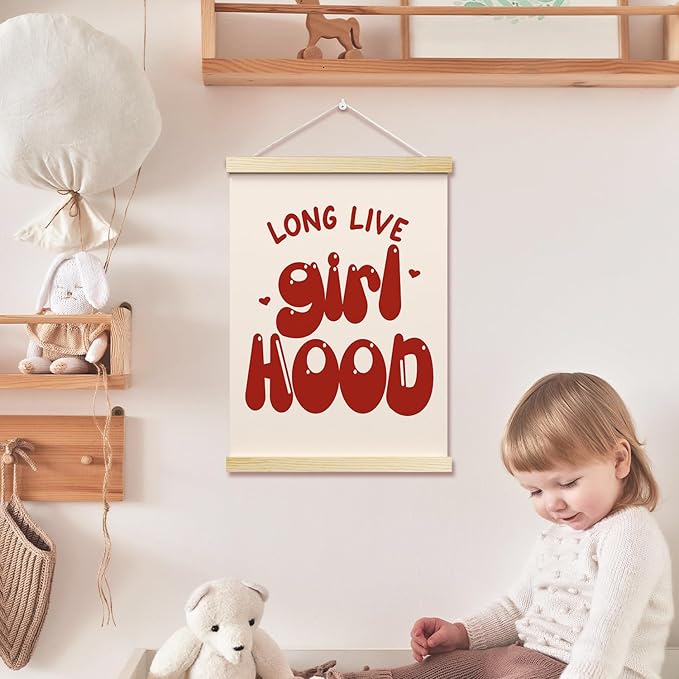 Long Live Girlhood Posters Hanger Frame for Girls Room Red Hanging Poster for Bedroom Kids Room Classroom Decor Cute Wall Art Decor for Nursery Playroom Canvas Wall Art Print 16x12 Inches - YY066