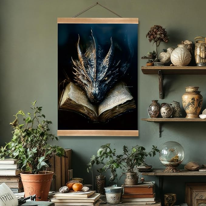 ZTGDA Book Dragon Wall Art,Dark Academia Vintage Poster, Gothic Canvas Print for Book Lovers, Fantasy Wall Decor for Bedroom, Library or Office, Mysterious Bookworm Gift(dragon)