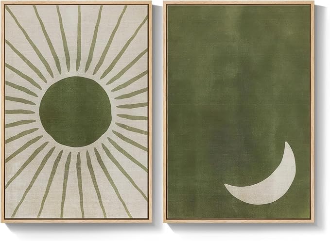 Framed Green Boho Abstract Wall Art Set of 2 for Living Room, Sun and Moon Minimalist Bohemian Canvas Artwork for Walls, Mid Century Modern Painting Print Wall Decor for Bedroom Home Office, 16x24 In