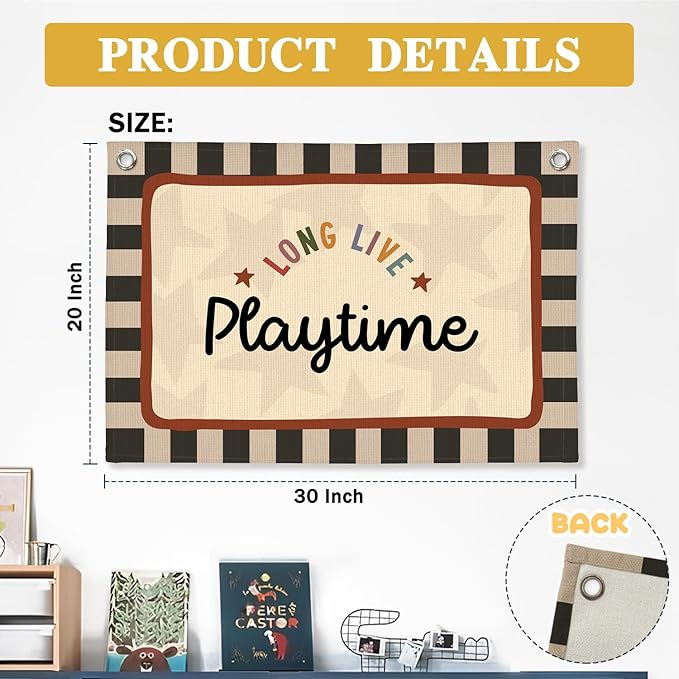 Long Live Playtime Banner Boy Room Decor, Banner Flag Nursery Playroom Wall Decor for Boys Bedroom Living Room Dorm Toddler Decorations Teen Boy Room Kid Banners Wall Hanging Linen Flag 30x20
