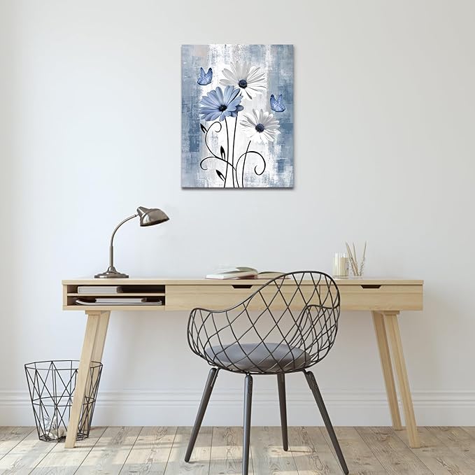 MYUSRE Farmhouse Blue Floral Wall Art for Living Room, Blue and White Daisy Butterfly on Abstract Geometric Canvas Wall Art Country Flower Pictures for Bedroom Bathroom Home Decor, 16L X 12W inches