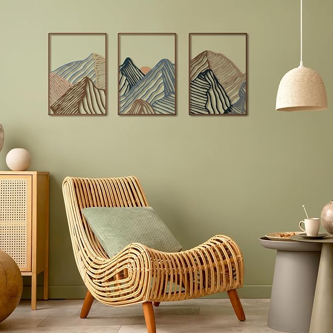 Peryiter 3 Pcs Metal Wall Art Decor Landscape Mountain Wall Hanging Decor for Living Room Abstract Minimalist Modern Mountain Line Pictures Bathroom Office Home Gifts Indoor(Vibrant Colors)