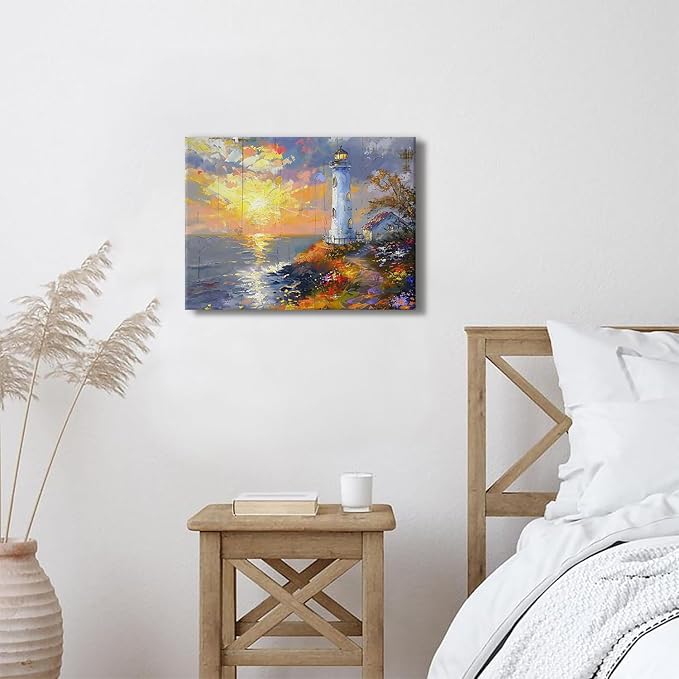 Coastal Wall Art Lighthouse Decor Beach Bathroom Decor Nature Ocean Landscape Canvas Prints Pictures Modern Nautical Seascape Painting Artwork for Kitchen Bedroom Living Room Home Decoration 12x16"