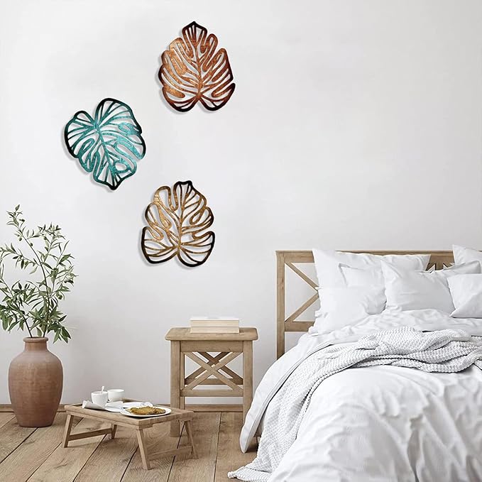 Palm Leaves Wood Wall Decor , 3Pcs Tropical Wall Art Jungle Decor, Wooden Natural Leaves Plant Wall Decor, Vintage Tropical Plant Plaque for Home Living Room Kitchen Bedroom Bathroom & Garden, Blue&Brown