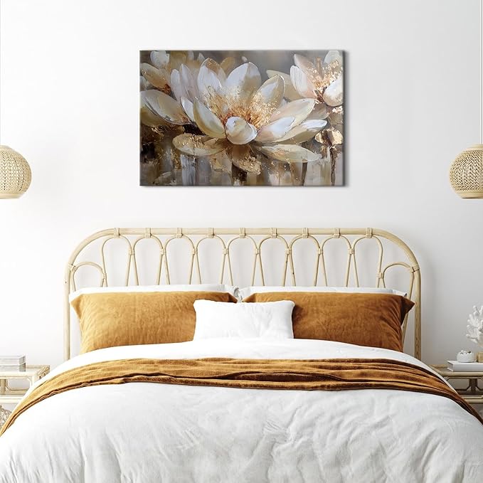 White and Gold Lotus Wall Art Floral Paintings Picture Wall Decor Abstract Zen Flowers Canvas Prints Spiritual Meditation Paintings Posters Minimalist Artwork Yoga Spa Bedroom Home Decoration 24x36"