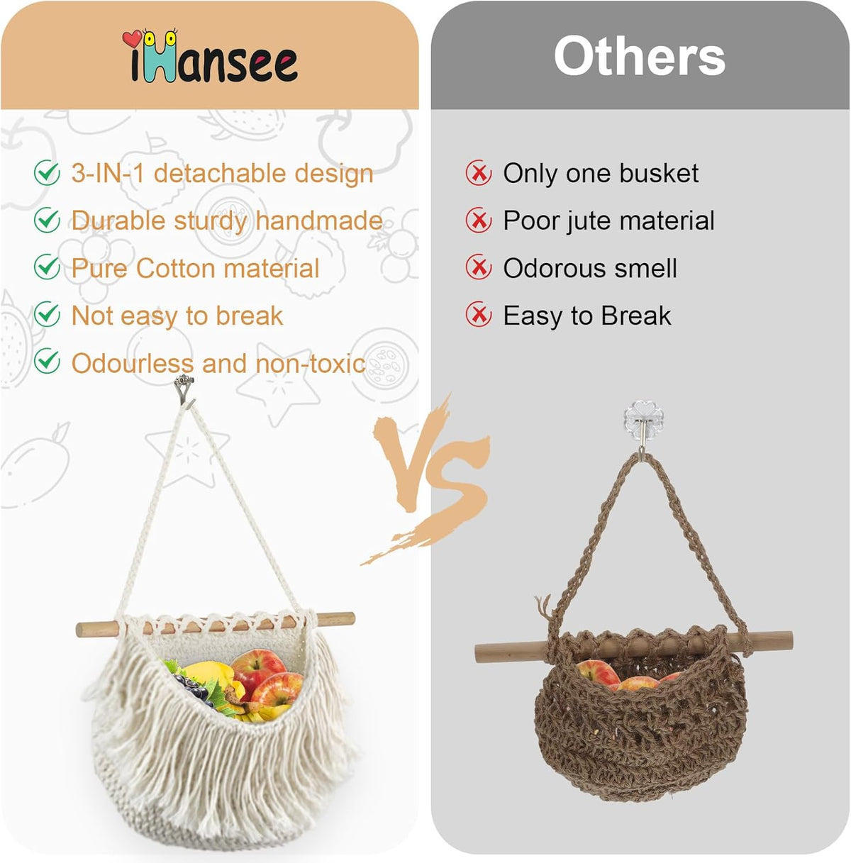 Hanging Baskets for Organizing, 3 Tier Detachable Wall Hanging Fruit Basket Over the Door Organizer for Fruit Vegetable Plant, Beige Boho Cotton Crocheted Fruit Holder for Kitchen Bathroom Bedroom