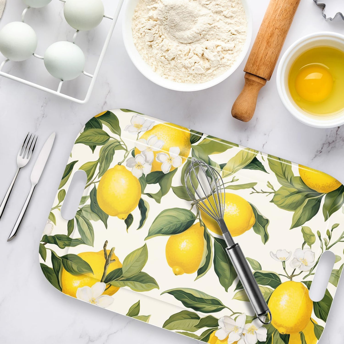 Serving Trays with Handles, 14.5 x 9.8 inch Rectangular Plastic Tray for Restaurant, Kitchen, Lemon and Lemon