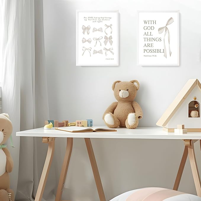 LARTSFRO Coquette Beige Bow Wall Art Decor Posters, Beige Bow Christian Room Bedroom Bathroom Dorm Wall Art Decor Aesthetic for College Teen Girls Gifts, Inspirational Bible Verses Bow Wall Decor, 12x16 Inch Set of 4 Pcs Bow Pictures (UNFRAMED)
