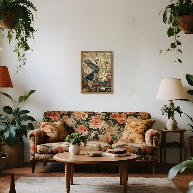 Framed Vintage Hummingbird Wall Art, Floral Bird Wall Decor Paintings, 3D Sandstone Textured Nature Botanical Pictures Prints Aesthetic Home Decor for Living Room Bedroom Bathroom Office 12x16 inch