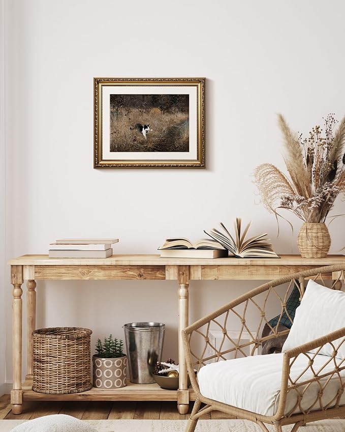 VIYYIEA Gold Framed Vintage Black Cat Holding A Bird Wall Art, Rustic Nature Scenery for Living Room Decor | No-Glass Design, Textured Canvas Finish | Elegant Home Office Wall Art, 13x16 Inch.
