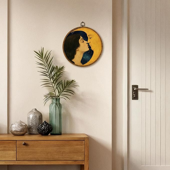 Moon Celestial Vintage Black Witchy Wall Art Decor 10x10inch, Dark Witchy Moody Wall Art, Circular Wall Art Framed Canvas Print Aesthetic Celestial Decor