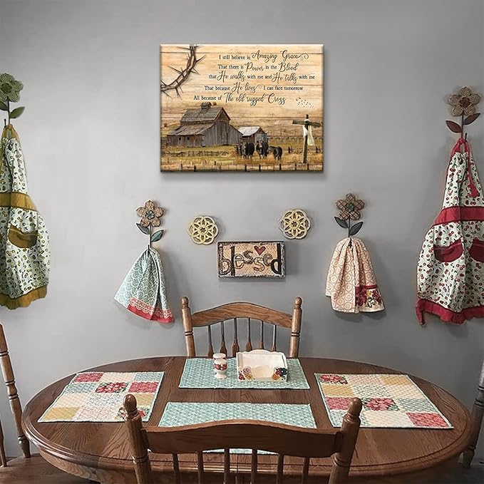 Vintage Farmhouse Wall Art Old Barn Wall Decor Cross Canvas Christian Inspirational Quotes Painting Pictures I Still Believe in Amazing Grace Poster Print for Living Room Bedroom (16x12in Canvas)