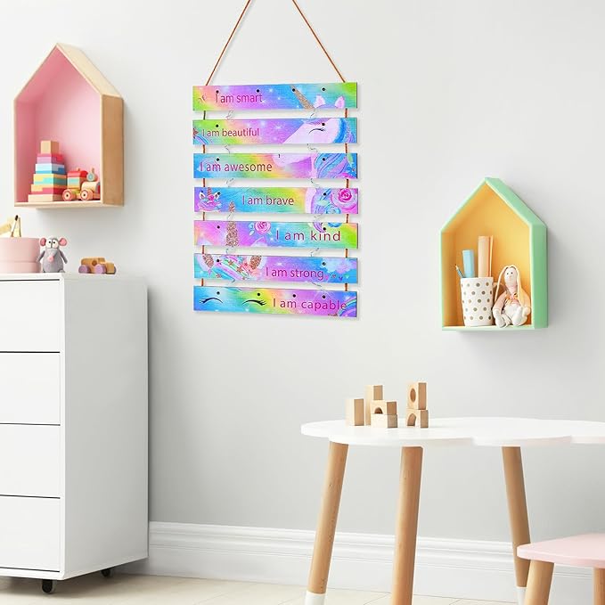 FIOBEE Girls Room Décor for Teen Girls Boys with LED Light Wall Decor for Bedroom Motivational Inspirational Wall Art Girl Room Decoration for Kids Studyroom, 8 Kinds of Lights, Rainbow Unicorn