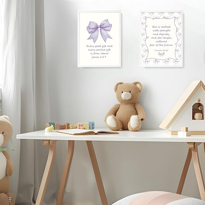 LARTSFRO Coquette Purple Bow Jesus Wall Art Decor Posters, Purple Bow Christian Room Bedroom Bathroom Dorm Wall Art Decor Aesthetic for Teen Girls Gifts, Inspirational Bible Verses Bow Wall Decor, 12x16 Inch Set of 4 Bow Pictures (UNFRAMED)