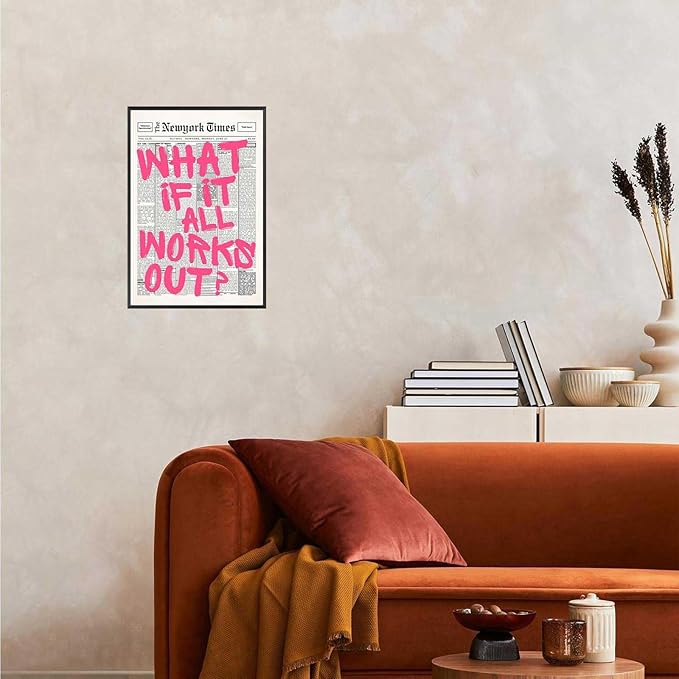 Drimiler Retro Newspaper Pink Font Poster What If It All Works Out Canvas Wall Art Positive Affirming Quote Minimalist Prints Painting For Home Bedroom Dorm Wall Decor 12x18in Framed