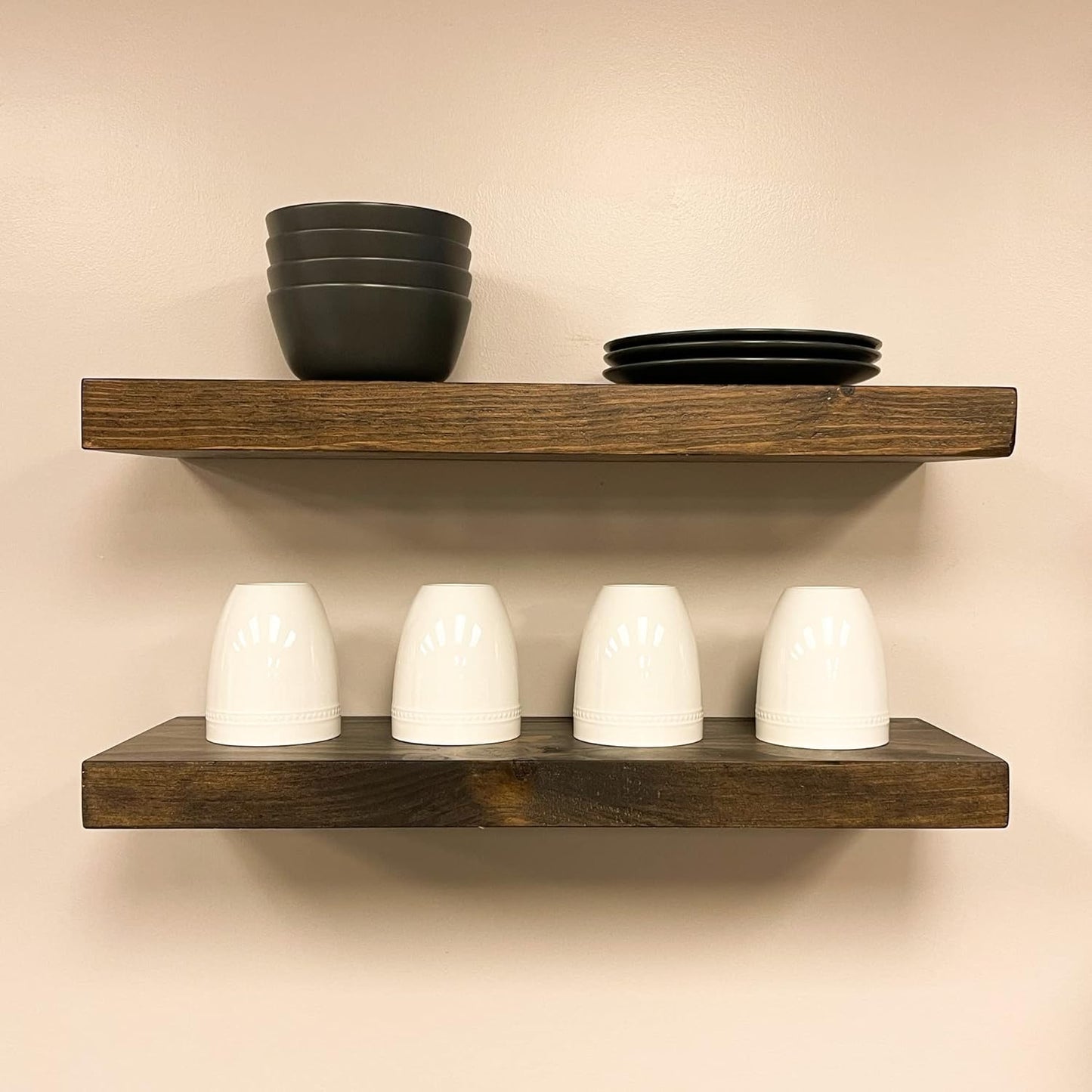 URBANDI, Rustic Floating Shelves, Set of 2, Hidden Bracket, Solid Wood, Heavy Duty, Wall Mounted Shelves, (Dark Brown, 36Wx8D)