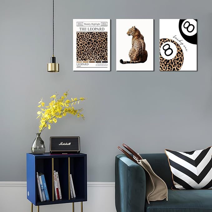 Set of 3 Trendy Leopard Canvas Wall Art Funky Lucky 8 Ball Posters Prints Preppy Room Aesthetic Cheetah Wall Decor Pictures for Girly Bedroom Apartment Dorm 16x24in