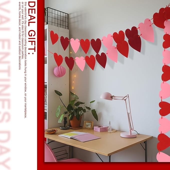 23 Pcs Valentine's Day Classroom Ceiling Decoration Kit with 15 Love Flags and 8 Heart Paper Flower Balls Heart Valentines Garland Accessories for Party Wall Office Classroom School Decor