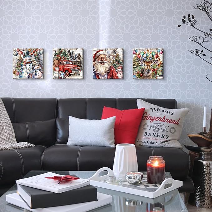 Christmas Pictures Wall Decor Santa Claus Snowman Wall Art Xmas Decorations Vintage Watercolor Deer Elk Posters Canvas Prints Colorful Winter Artwork for Living Room Bedroom Holiday Gifts 12x12" 4P