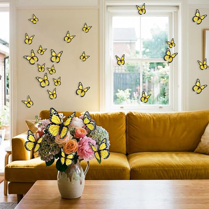 Chuangdi 48 Pcs Yellow Monarch Butterfly Decorations 3 Size Fake Butterflies Realistic Butterfly Craft Artificial Mariposas Wall Decor for Craft Wedding Home Birthday Party (3.2inch,4inch,4.7inch)