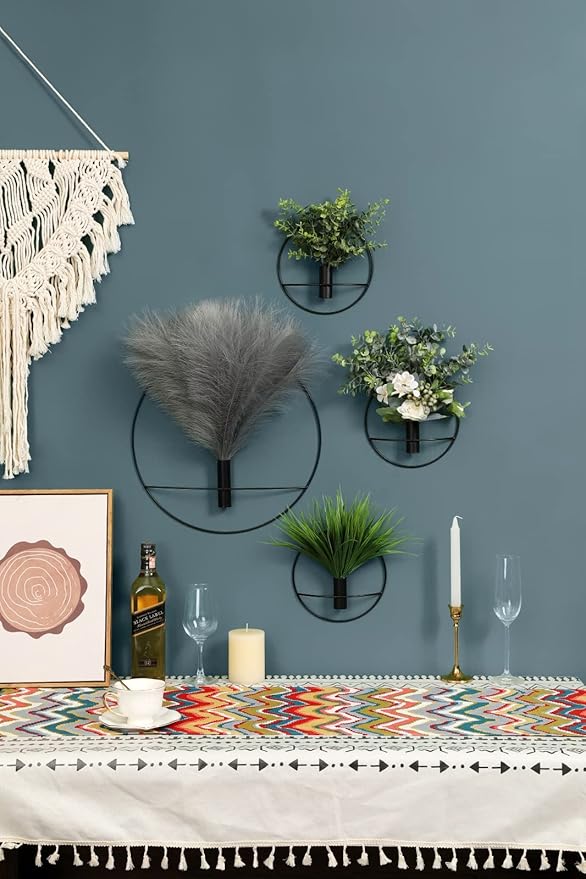 Pretty Jolly Boho Wall Decor, Wall-Mounted Metal Art, Hanging Artificial Pampas Display, Living Room, Bedroom, Bathroom, Diningroom, Fake Faux Plant 2 Pack Black Brown