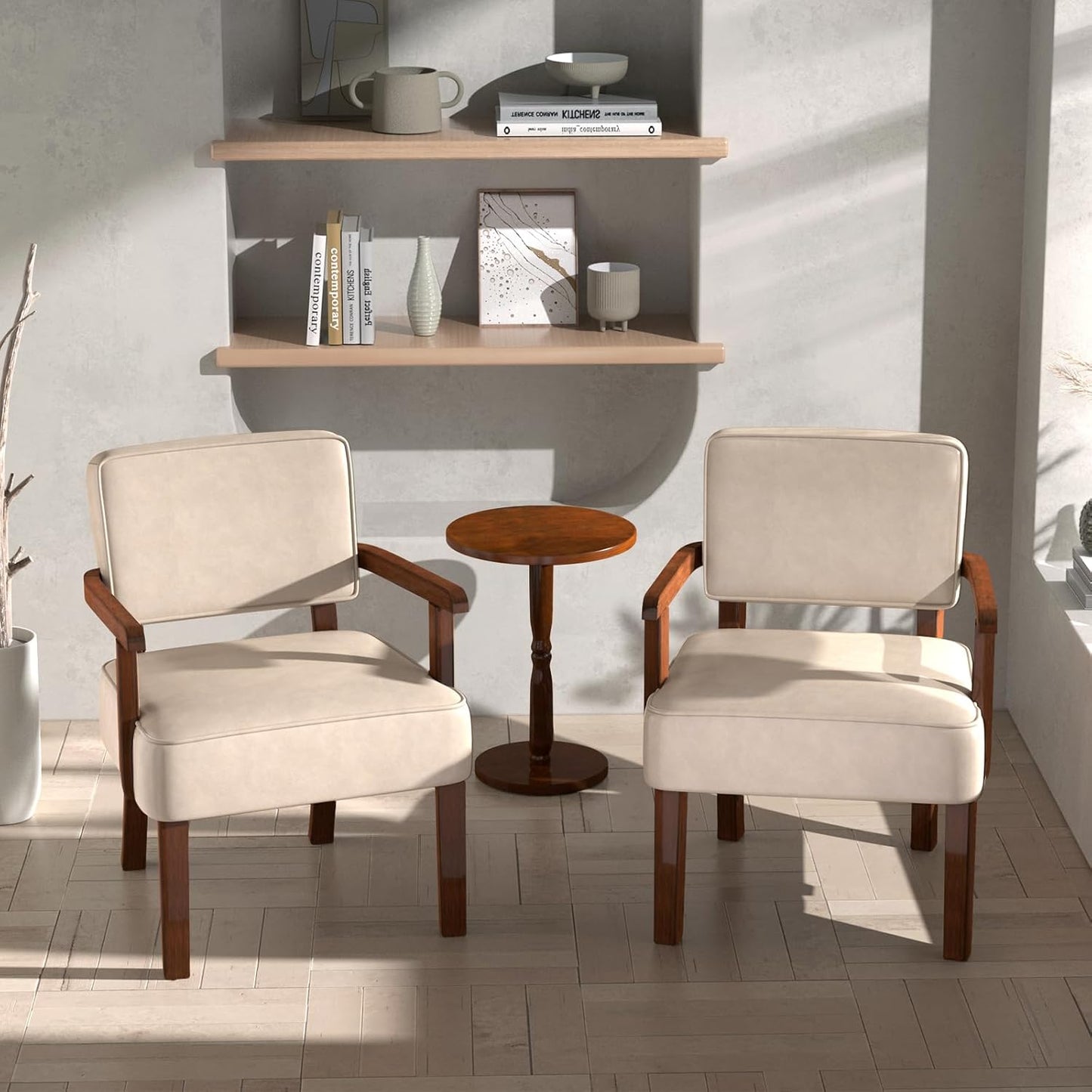 Accent Chair Set of 2 with Table, PU Leather Chair for Living Room Oversized Armchair with Soft Seat and Armrests for Bedroom Dinning Reading Waiting Room (Leather Beige)
