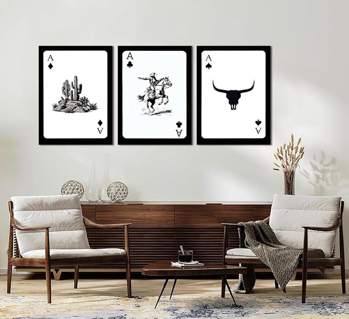 Western Cowboy Wall Art Set of 3 Southwestern Cowboy Print Playing Card Canvas Wall Decor Longhorn Bull Skull Poster Picture Prints Painting for Bedroom Living Room 16x24 In Framed
