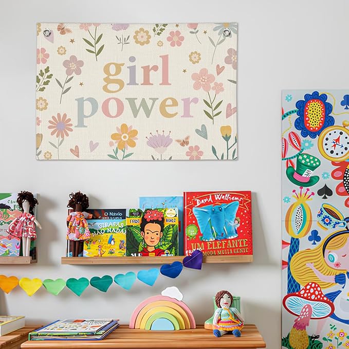 Girl Power Flower Wall Hanging Banner - Linen Flag Decor for Little Girl's Room, Baby Girl, Toddler Room Wall Decor