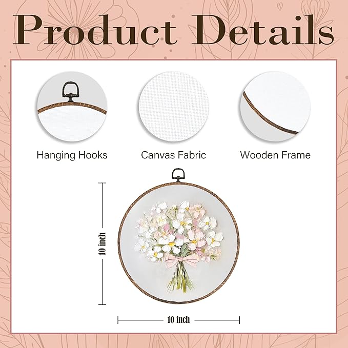 Vintage Pink Bow Floral Bouquet Round Wall Art Framed, White Floral Round Wall Decor, Vintage Flower Hanging Canvas Prints Wall Sculptures for Home Bedroom Living Room Decor, 10x10 Inch