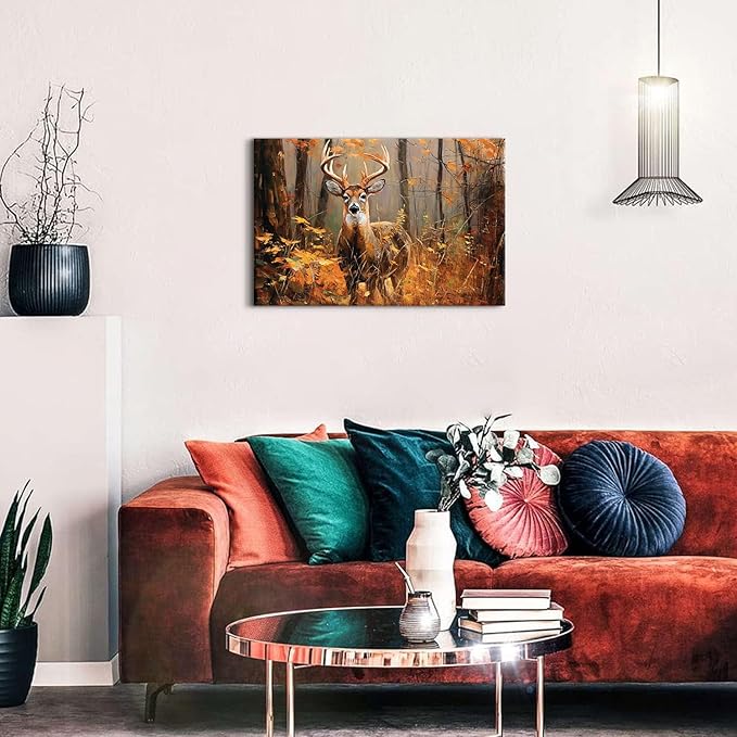 Fall Forest Wall Art Deer Wall Decor Autumn Maple Leaves Landscape Painting Wildlife Animal Canvas Prints Nature Wildflower Pictures Woodland Artwork for Kitchen Living Room Home Decorations 16x24"