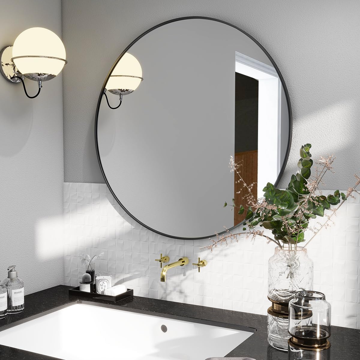 BEAUTYPEAK 24 Inch Round Mirror, Metal Frame Circle Mirror, Wall Mounted for Entryway, Bathroom, Vanity, Living Room, Black
